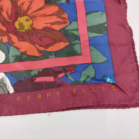 Perry Ellis Silk Floral Flower Scarf 35x35 Japan Red Blue - Picture 2 of 12